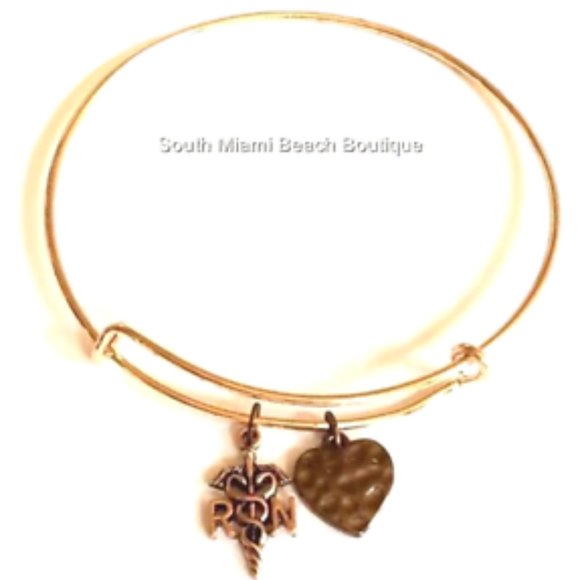 RN Caduceus Heart Nursing Charm Bracelet Graduation Gift Gold Copper Plated - Picture 1 of 5